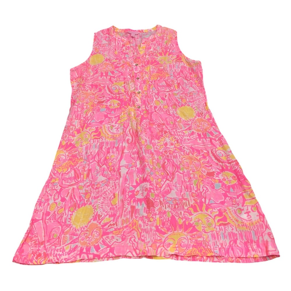 Lilly Pulitzer Dress Womens S Pink Linen Sleeveless V-Neck Sun Print 21000